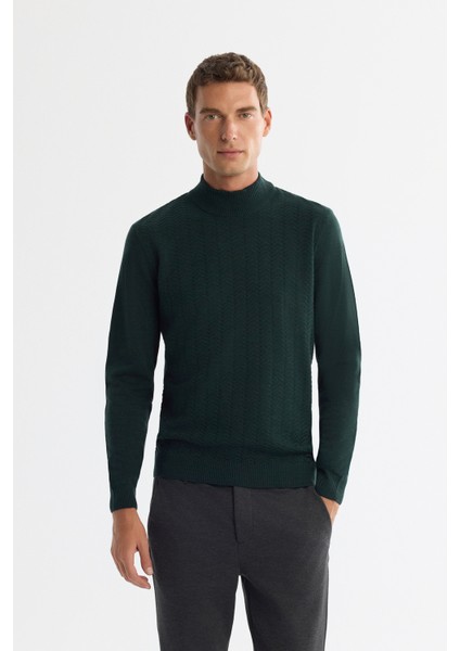 Erkek Yeşil Yarım Balıkçı Yaka Dokulu Basic Kazak E005108