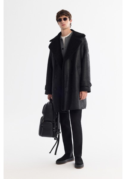 Erkek Siyah Kürklü Mono Yaka Deri Görünümlü Uzun Napa Comfort Fit Kaban A42Y6125