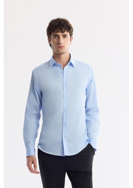 Erkek Mavi Klasik Yaka %100 Pamuk Saten Kolay Ütülenen Slim Fit Gömlek B002006