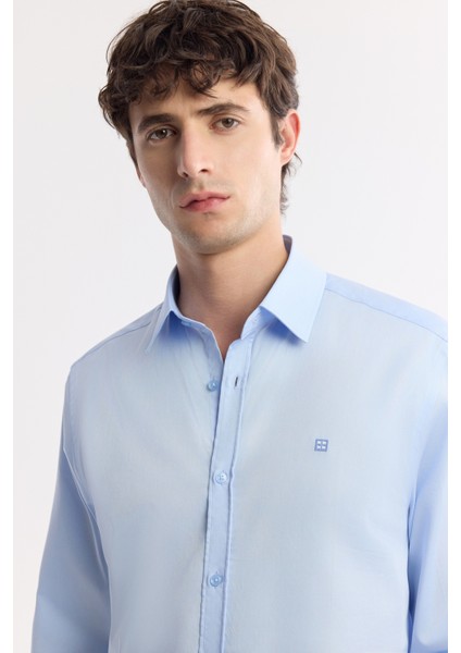 Erkek Mavi Klasik Yaka %100 Pamuk Saten Kolay Ütülenen Slim Fit Gömlek B002006 fiyatları