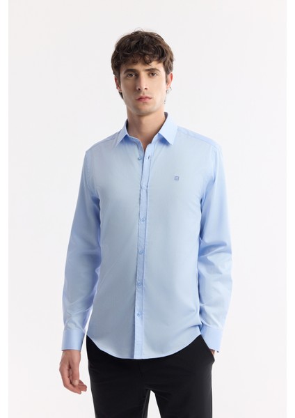 Erkek Mavi Klasik Yaka %100 Pamuk Saten Kolay Ütülenen Slim Fit Gömlek B002006