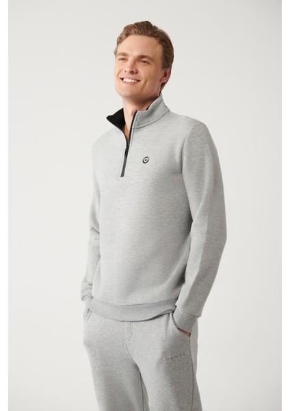 Erkek Gri Dik Yaka Fermuarlı 3 İplik Şardonlu Regular Fit Sweatshirt E001020