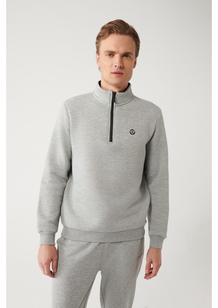 Erkek Gri Dik Yaka Fermuarlı 3 İplik Şardonlu Regular Fit Sweatshirt E001020 modelleri