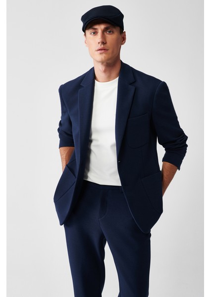 Erkek Lacivert Astarsız Mono Yaka Çift Yırtmaç Örme A32Y4005