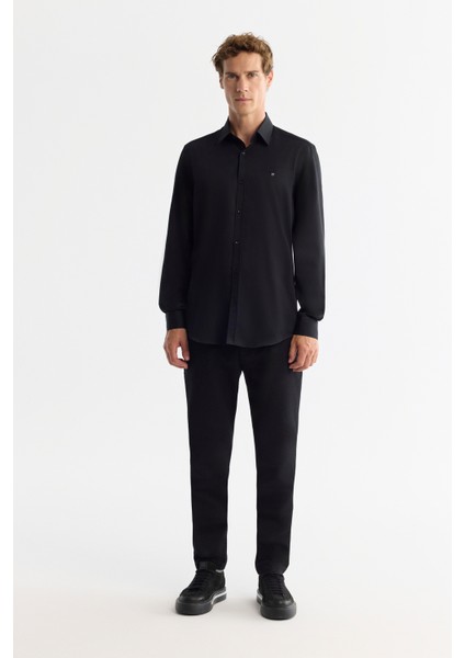 Erkek Siyah Klasik Yaka %100 Pamuk Saten Kolay Ütülenen Slim Fit Gömlek B002006 indirimleri