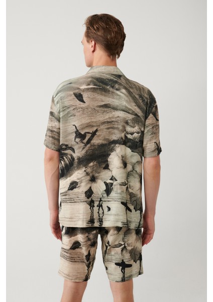 Erkek Gri %100 Viskon Apaj Yaka Viskon Tema Desenli Kısa Kollu Oversize Fit Gömlek A41Y2218 fırsatları