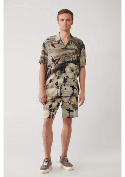 Erkek Gri %100 Viskon Apaj Yaka Viskon Tema Desenli Kısa Kollu Oversize Fit Gömlek A41Y2218 indirimleri