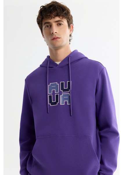 Erkek Mor Kapüşonlu Pamuklu Baskılı Elastan Regular Fit Sweatshirt A42Y1324 fiyatları