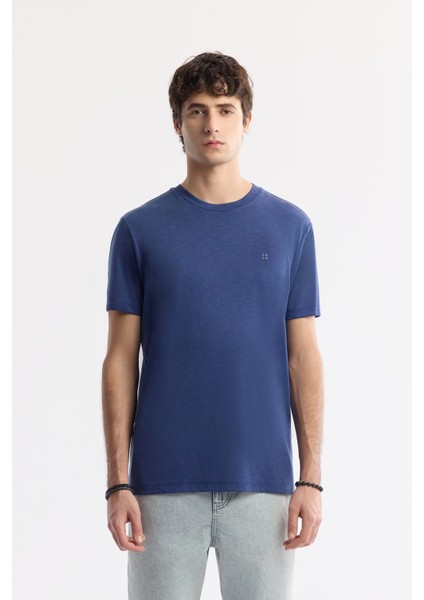 Erkek İndigo Bisiklet Yaka Bi-Stretch Soft Touch Basic Regular Fit T-Shirt B001031