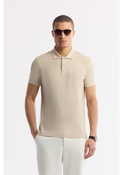 Erkek Bej Kıvrılmaz Polo Yaka %100 Pamuk Basic Regular Fit T-Shirt B001032