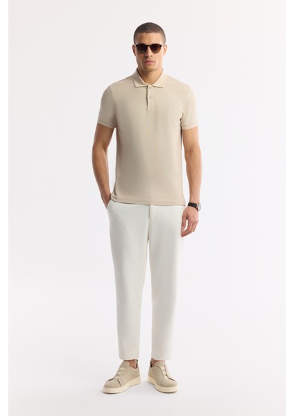 Erkek Bej Kıvrılmaz Polo Yaka %100 Pamuk Basic Regular Fit T-Shirt B001032