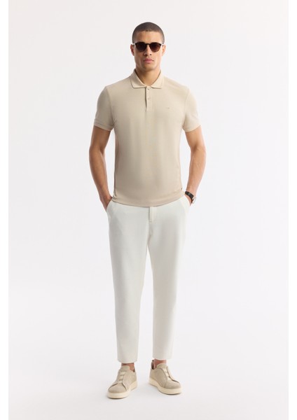 Erkek Bej Kıvrılmaz Polo Yaka %100 Pamuk Basic Regular Fit T-Shirt B001032