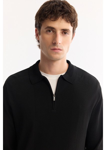 Erkek Siyah Polo Yaka Fermuarlı Rayon Tüylenmeyen Dokulu Triko Regular Fit Kazak A52Y5019 indirimleri