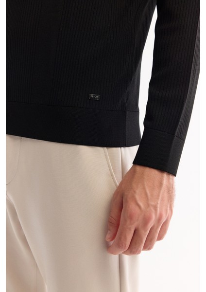 Erkek Siyah Polo Yaka Fermuarlı Rayon Tüylenmeyen Dokulu Triko Regular Fit Kazak A52Y5019