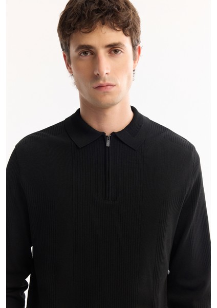 Erkek Siyah Polo Yaka Fermuarlı Rayon Tüylenmeyen Dokulu Triko Regular Fit Kazak A52Y5019