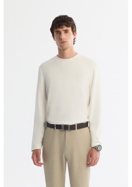 Erkek Ekru Bisiklet Yaka Pamuklu Basic Regular Fit Sweatshirt A42Y1350