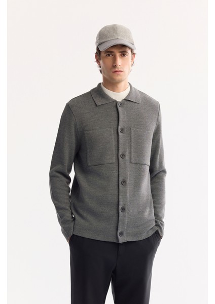 Erkek Gri Polo Yaka Düğmeli Yün Karışımlı Regular Fit Hırka A52Y5148