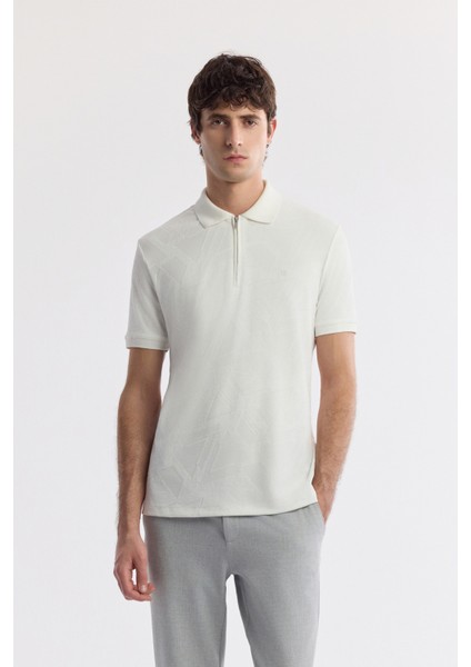 Erkek Beyaz Polo Yaka Jakarlı Elastan Regular Fit T-Shirt A51Y1059