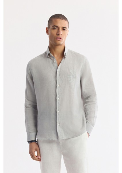 Erkek Gri Alttan Britli Yaka Nakışlı %100 Keten Comfort Fit Gömlek A51Y2145