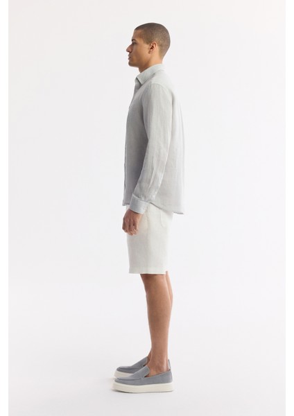 Erkek Gri Alttan Britli Yaka Nakışlı %100 Keten Comfort Fit Gömlek A51Y2145 modelleri