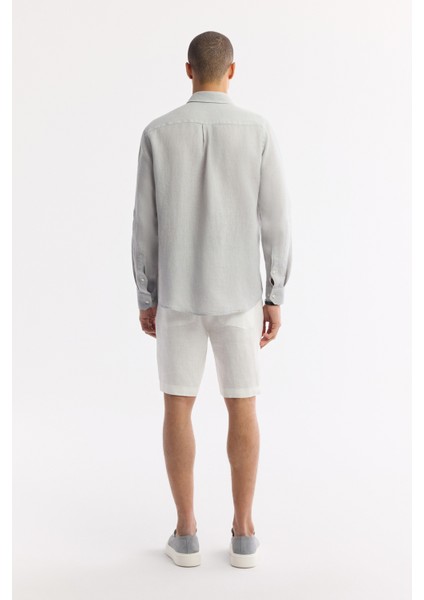 Erkek Gri Alttan Britli Yaka Nakışlı %100 Keten Comfort Fit Gömlek A51Y2145 fırsatları