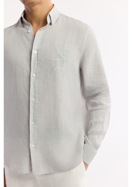 Erkek Gri Alttan Britli Yaka Nakışlı %100 Keten Comfort Fit Gömlek A51Y2145 indirimleri