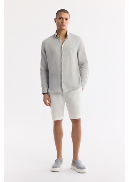 Erkek Gri Alttan Britli Yaka Nakışlı %100 Keten Comfort Fit Gömlek A51Y2145