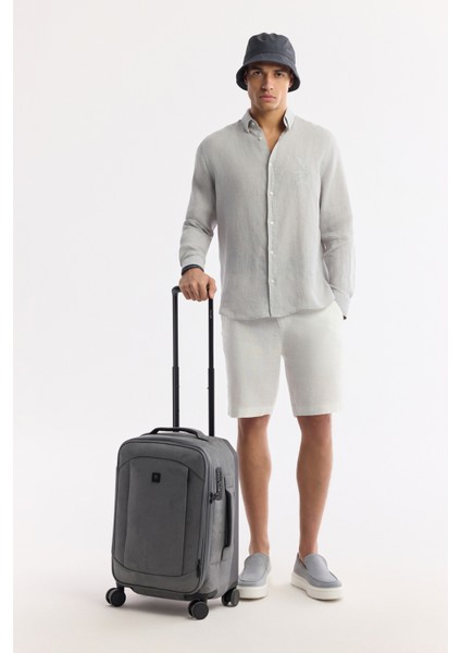 Erkek Gri Alttan Britli Yaka Nakışlı %100 Keten Comfort Fit Gömlek A51Y2145