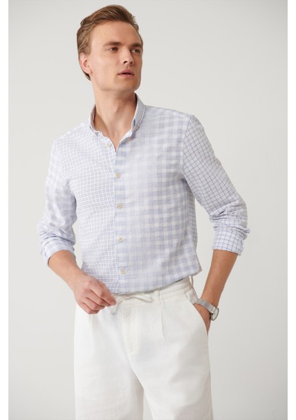 Erkek Mavi Ekose Parçalı Keten Karışımlı Regular Fit Gömlek A41Y2052