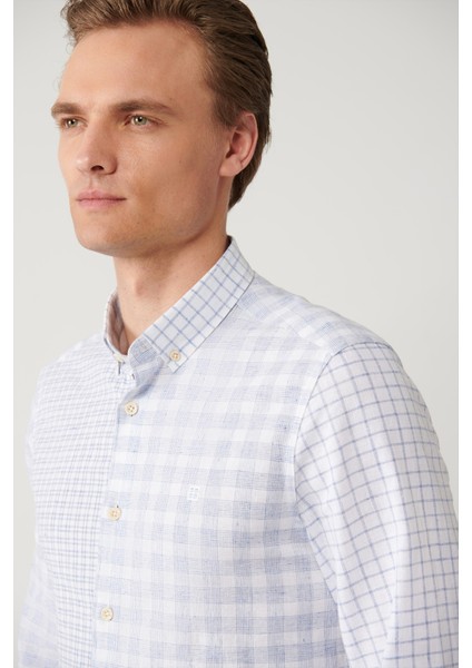 Erkek Mavi Ekose Parçalı Keten Karışımlı Regular Fit Gömlek A41Y2052 fiyatları