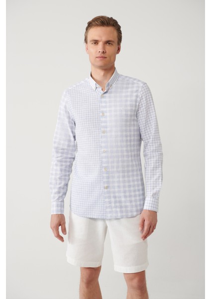 Erkek Mavi Ekose Parçalı Keten Karışımlı Regular Fit Gömlek A41Y2052 modelleri