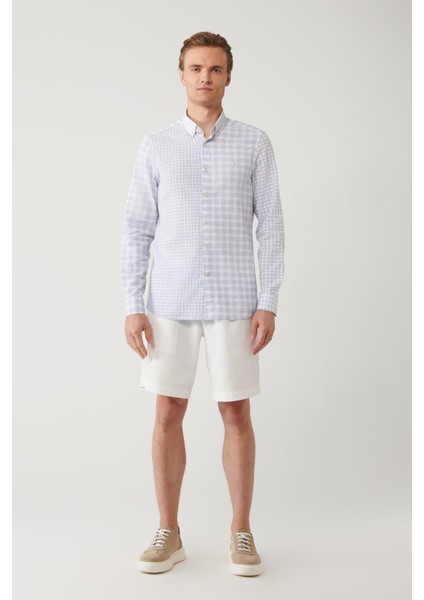 Erkek Mavi Ekose Parçalı Keten Karışımlı Regular Fit Gömlek A41Y2052