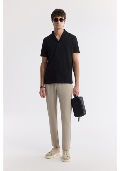 Erkek Siyah Şal Yaka Viskon Karışımlı Jakarlı Regular Fit T-Shirt A51Y1071