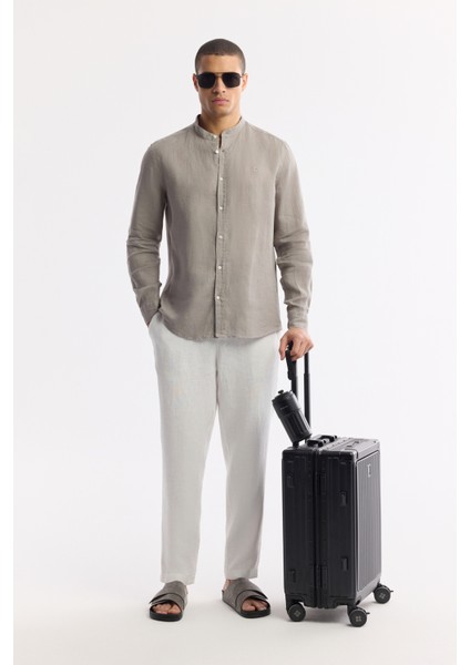 Erkek Gri Hakim Yaka %100 Keten Comfort Fit Gömlek B002035
