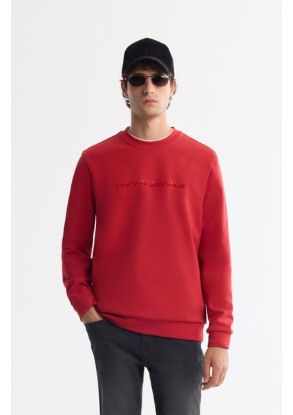 Erkek Kırmızı Bisiklet Yaka Pamuklu Baskılı Elastan Regular Fit Sweatshirt A42Y1221