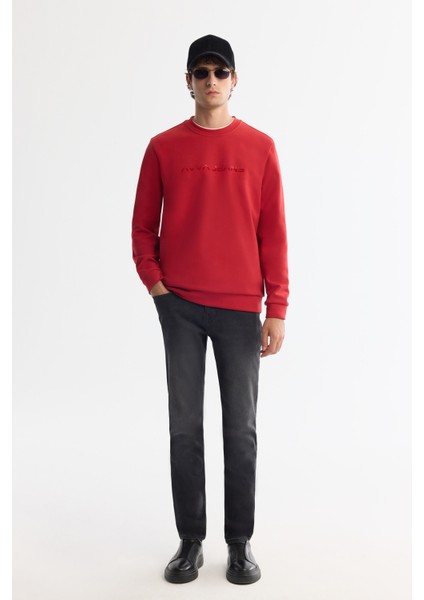 Erkek Kırmızı Bisiklet Yaka Pamuklu Baskılı Elastan Regular Fit Sweatshirt A42Y1221