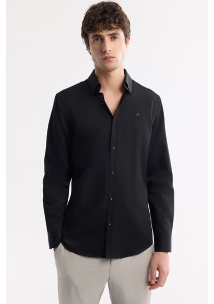 Erkek Siyah Klasik Yaka %100 Pamuk Saten Kolay Ütülenen Slim Fit Gömlek B002006
