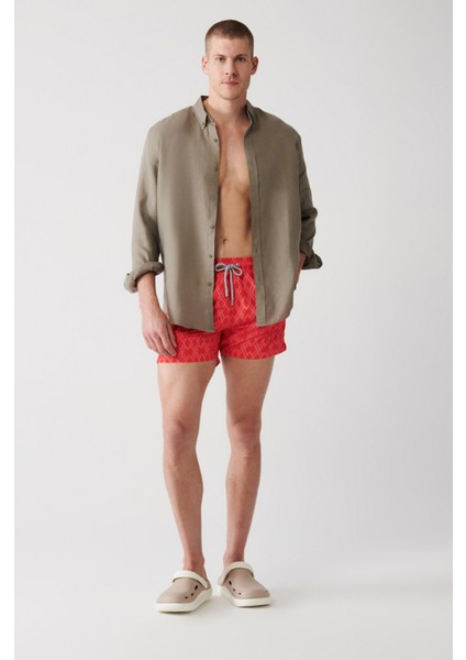 Erkek Kırmızı Geometrik Baskılı Deniz Şortu A31Y3817