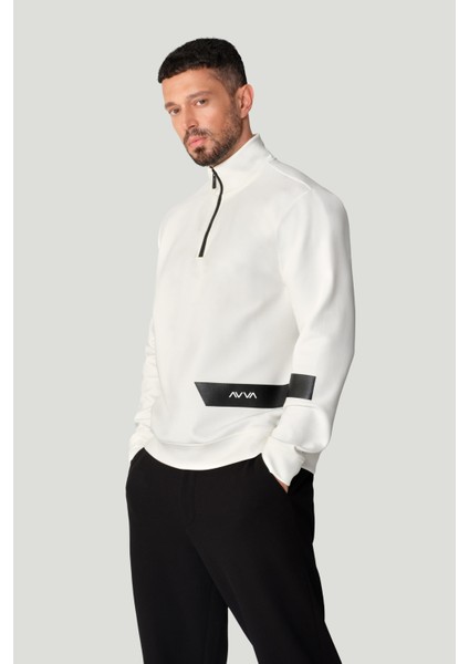 Erkek Ekru Dik Yaka Pamuklu Baskılı Elastan Regular Fit Sweatshirt A42Y1202