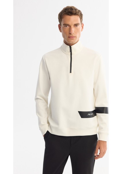 Erkek Ekru Dik Yaka Pamuklu Baskılı Elastan Regular Fit Sweatshirt A42Y1202 modelleri