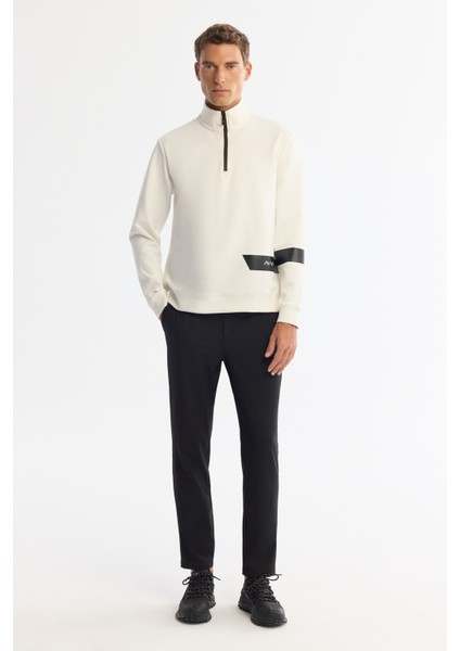 Erkek Ekru Dik Yaka Pamuklu Baskılı Elastan Regular Fit Sweatshirt A42Y1202