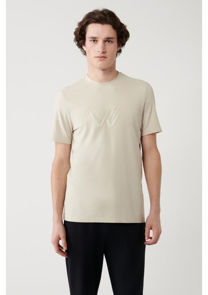 Erkek Bej Bisiklet Yaka Baskılı Soft Touch Regular Fit T-Shirt A41Y1037