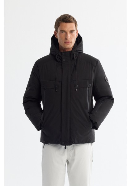 Erkek Siyah Kapüşonlu Su İtici Rüzgar Geçirmez -20°C Dayanıklı Kaz Tüyü Kayak Montu A42Y6123