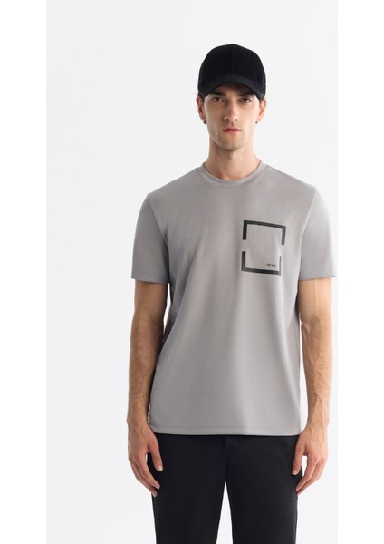 Erkek Gri Bisiklet Yaka Baskılı Elastan Regular Fit T-Shirt A42Y1020