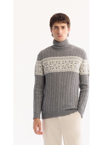 Erkek Gri Balıkçı Yaka Soft Touch Desenli Triko Regular Fit Kazak A52Y5072