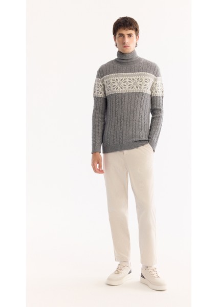 Erkek Gri Balıkçı Yaka Soft Touch Desenli Triko Regular Fit Kazak A52Y5072
