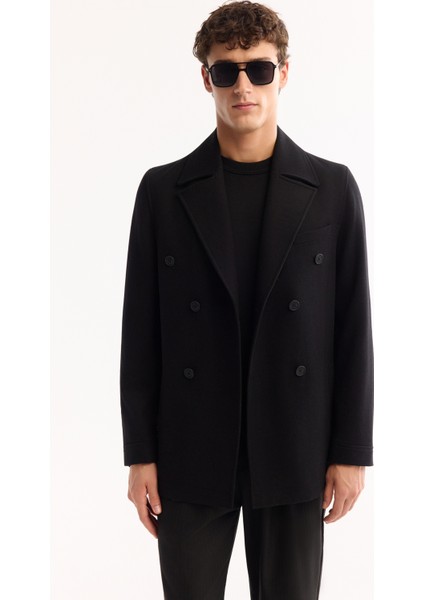 Erkek Siyah Kruvaze Yün Karışımlı Astarlı Kaşe Kaban A52Y6065 fiyatları