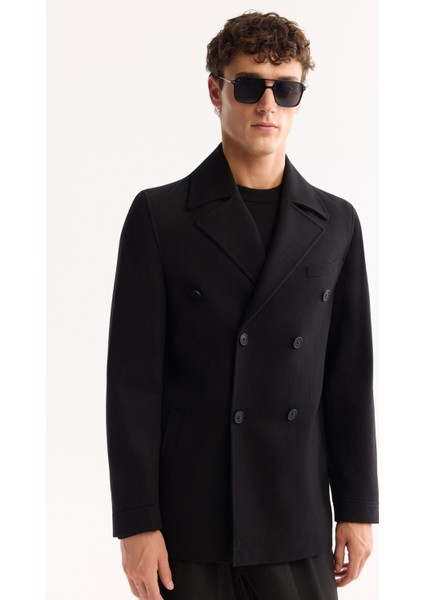 Erkek Siyah Kruvaze Yün Karışımlı Astarlı Kaşe Kaban A52Y6065 indirimleri