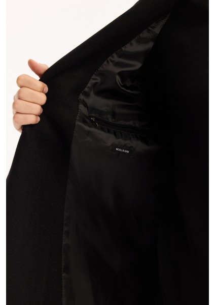 Erkek Siyah Kruvaze Yün Karışımlı Astarlı Kaşe Kaban A52Y6065