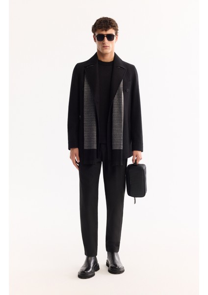 Erkek Siyah Kruvaze Yün Karışımlı Astarlı Kaşe Kaban A52Y6065